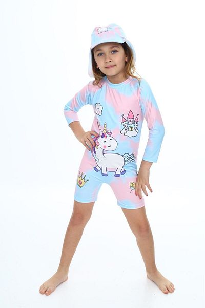 Minigimin Cicileri My Little One's Cicileri Pony Patterned Girl's Hat Swimsuit - Turquoise