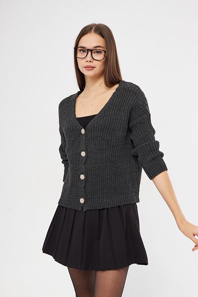 Kutaf Anthracite Basic V-Neck Knitwear Cardigan