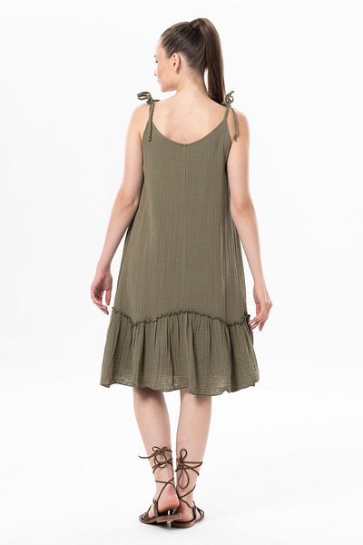 Eliş Şile Bezi Strappy Serra Flounced Κοντό καλοκαιρινό μουσελίνα φόρεμα Khaki Hk