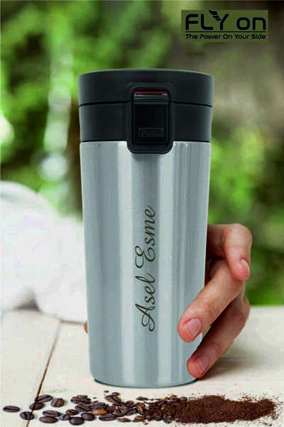 FLYON Kişiye Özel Isim Baskılı Tek El Basmalı Çelik Termos 350 Ml Çift Katmanlı Snape Filtreli