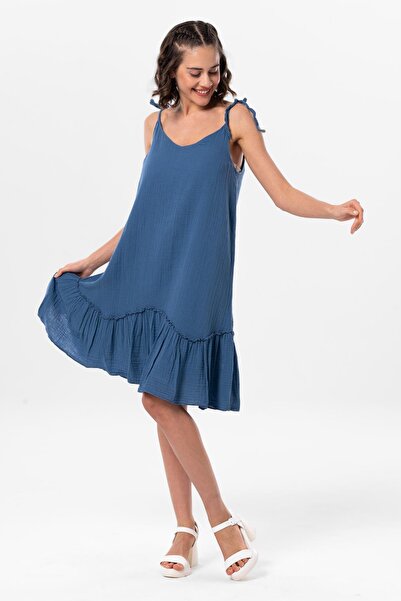 Eliş Şile Bezi Strappy Serra Flouncing Κοντό καλοκαιρινό μουσελίνα φόρεμα Indigo indg