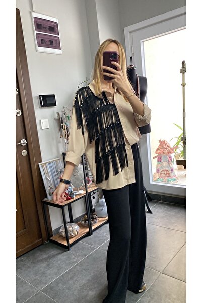 Neel butik Püskül Detaylı Taşlı Gömlek-Bej