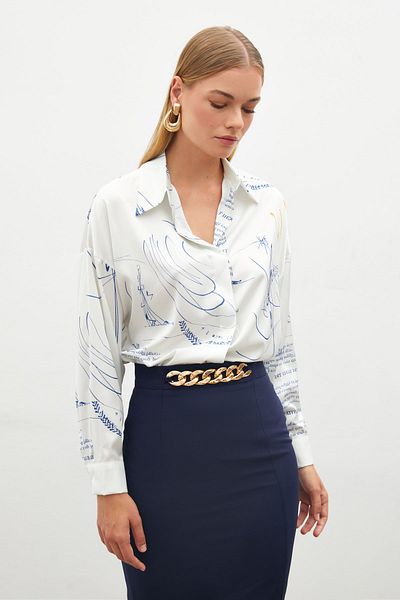 Sateen Cămașă lejeră cu model ALBASTRU SAX