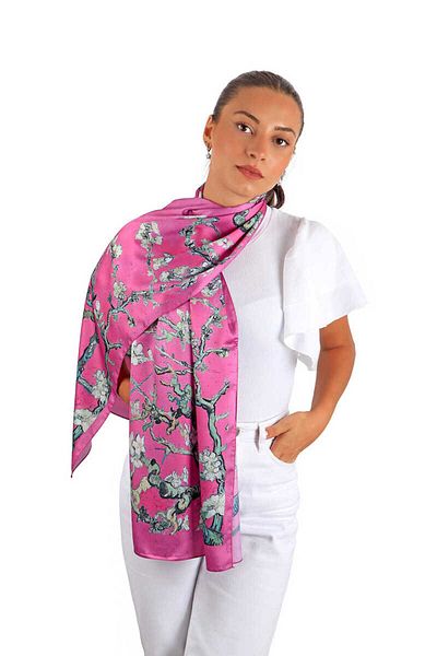 Bursa İpek Dark Fuchsia Almond Flower Silky Scarf