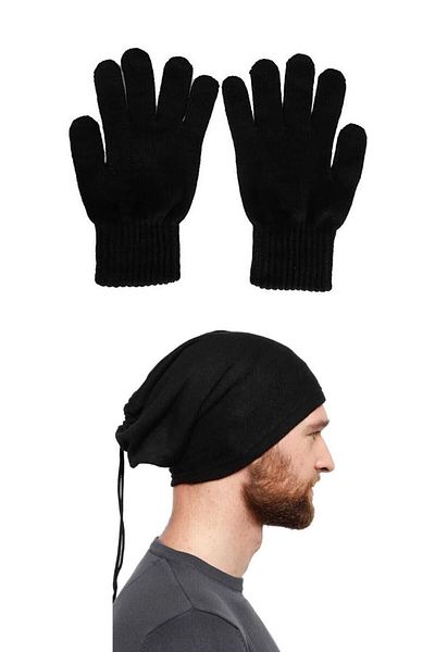 Belifanti Collection Unisex Μαύρα μάλλινα γάντια Fleece Beanie γιακάς λαιμού