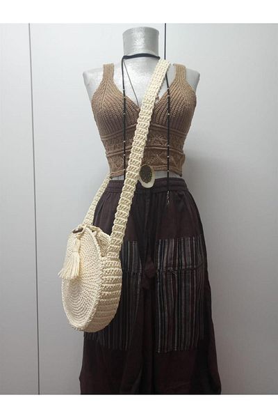 Bohem Stil Geantă de umăr cu mâner lung, căptușită, cu mâner lung, cu design special, bej macrame