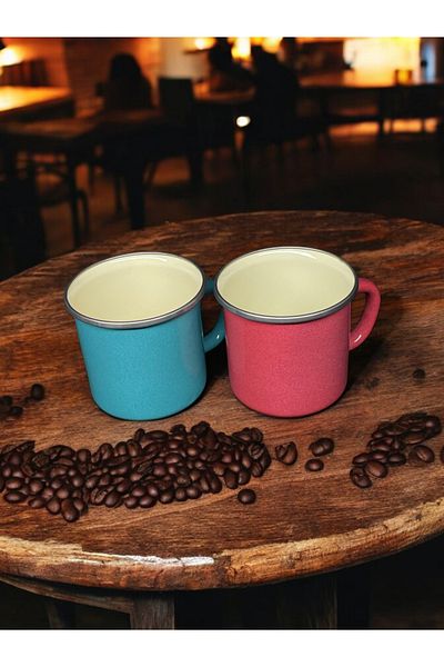 emaye market Enamel Mug 400 ml Vintage 10 cm Camping Coffee Tea Cup 2 Pcs Turquoise Red