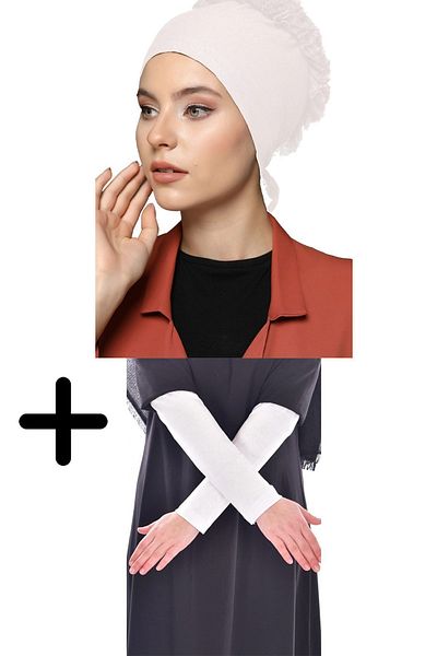 Belifanti Collection White Set of 2 - Women's Combed Cotton Ruffle Bonnet Prayer Sleeves