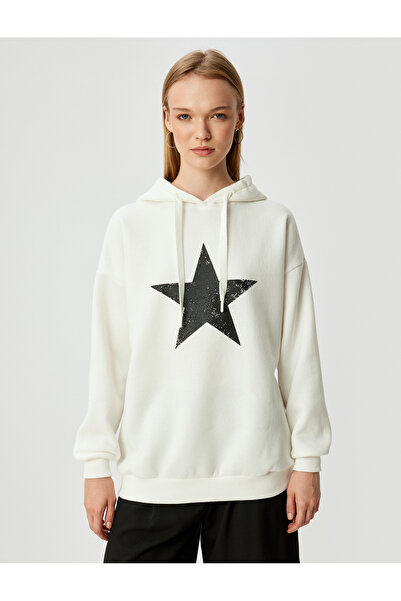 Koton Oversize Hooded Long Sleeve Sweatshirt - Raised Back Printed