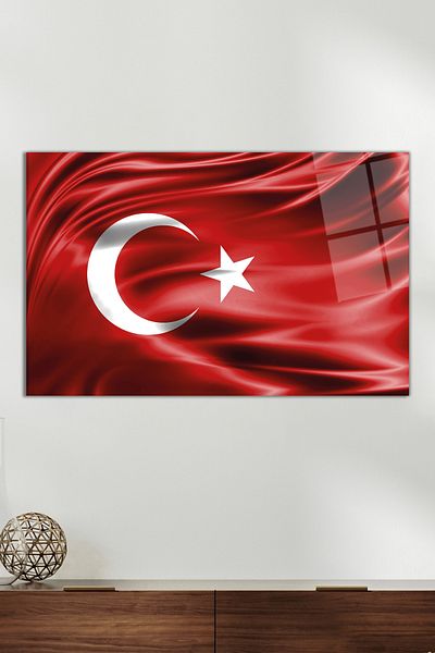 Vosevu Red Surging Turkish Flag Glass Painting, Modern Home and Office Decor, Gift Wall Decoration