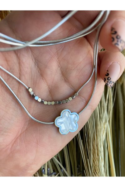Lucios Stainless Steel Cube - Dorica Detailed Flower Necklace (Inner Necklace 47 Cm, Outer Necklace 50 Cm, Extension Share Included)