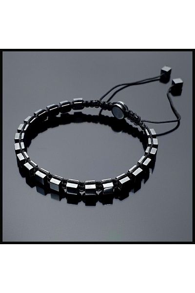 Seven Art Jewelry Natural Stone Bracelet, Gray Hematite Cube, Adjustable Macrame Bracelet, Men's Bracelet, Women's Bracelet