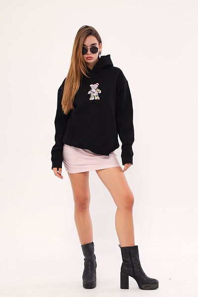 The Champ Clothing Унисекс суитшърт с качулка и флорален принт на плюшено мече, черен