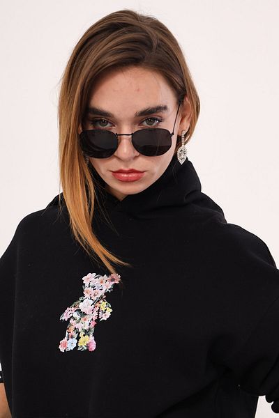 The Champ Clothing Унисекс суитшърт с качулка и флорален принт на плюшено мече, черен