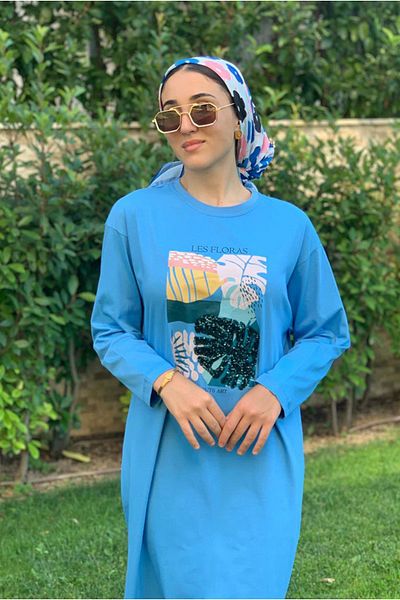 Moda Rosa 23Y3539 - Blue Sequin Embroidered T-Shirt Dress
