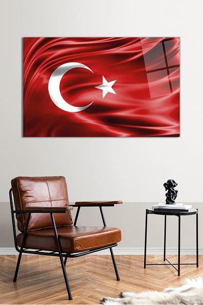 Vosevu Red Surging Turkish Flag Glass Painting, Modern Home and Office Decor, Gift Wall Decoration