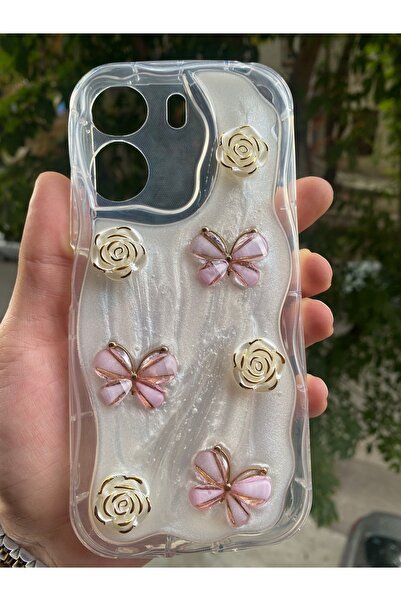 AQUA AKSESUAR Xiaomi Poco C65 Uyumlu Kılıf 5D Kabartmalı Kelebek Çiçek Desenl...