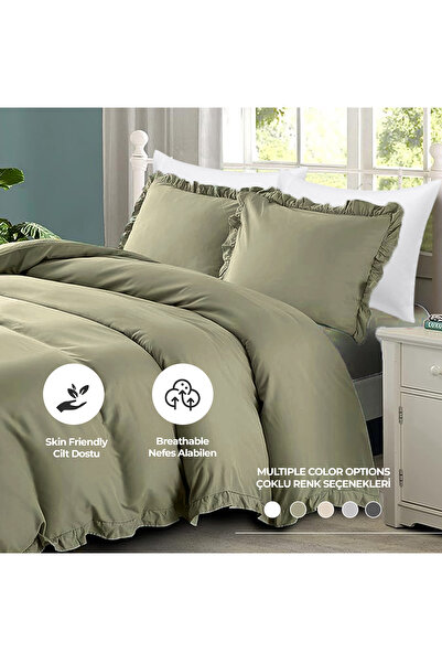 Evlen Home Collection Green Double 4-Piece Barella Soft Duvet Cover Set - Cotton and Stone Washed Ruffles