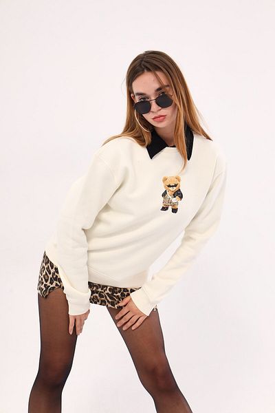 The Champ Clothing Λευκό φούτερ Unisex με φλις αρκουδάκι με λεοπάρ με λαιμόκοψη