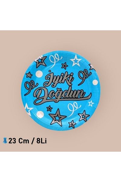 TURKUAZ PARTY Cardboard Plate 8 Pieces - Happy Birthday Blue Silver - 23 Cm