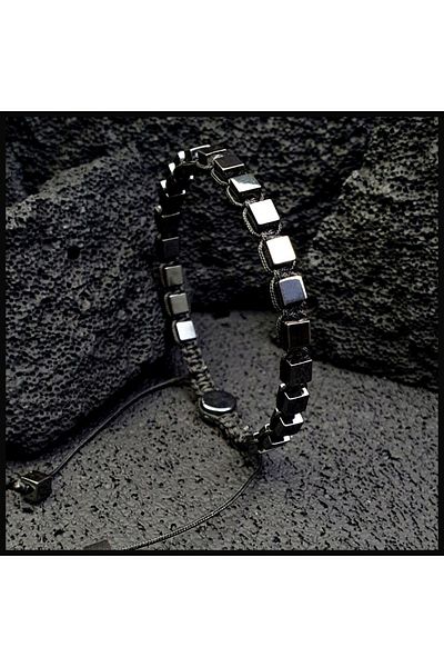 Seven Art Jewelry Natural Stone Bracelet, Gray Hematite Cube, Adjustable Macrame Bracelet, Men's Bracelet, Women's Bracelet