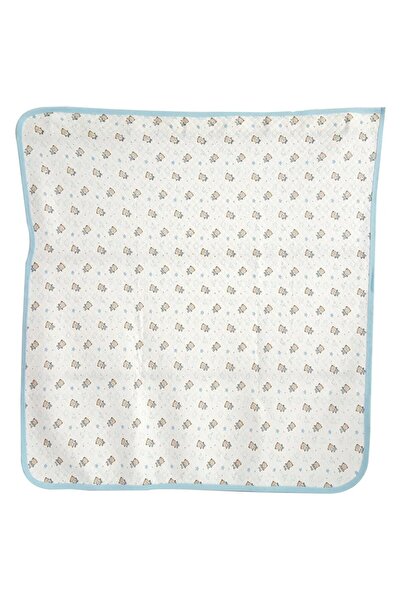 bebegen Ayıcık Desenli Penye Tek Kat Krem Açık Mavi Bebek Battaniye (80x80 cm)
