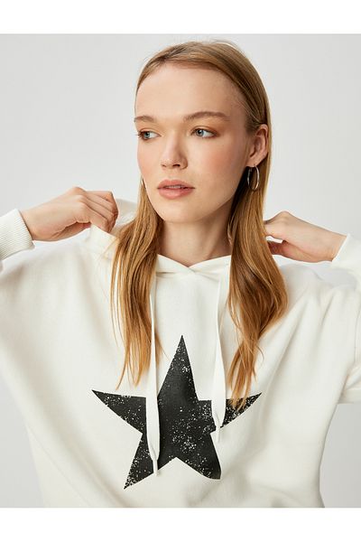 Koton Oversize Hooded Long Sleeve Sweatshirt - Raised Back Printed