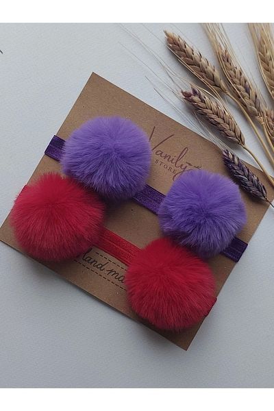 chicory Cream-Camel Σετ 2 βελούδινων Pompom Bandana για κοριτσάκι και παιδί