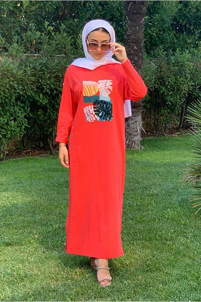 Moda Rosa 23Y3539 Red Sequin Embroidered T-Shirt Dress