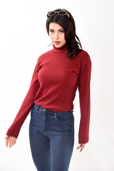 Belifanti Collection Pulover de damă cu gât roșu, slim, roșu Claret