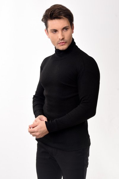 Belifanti Collection Erkek Balıkçı Yaka Boğazlı Slim Fit Kazak Siyah