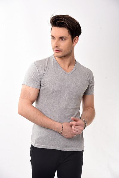 Belifanti Collection Ανδρικό μπλουζάκι με λαιμόκοψη Basic Slim Fit σε γκρι χρώμα