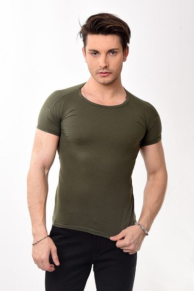 Belifanti Collection Ανδρικό μπλουζάκι με κοντό μανίκι με λαιμόκοψη βασικής εφαρμογής Χακί