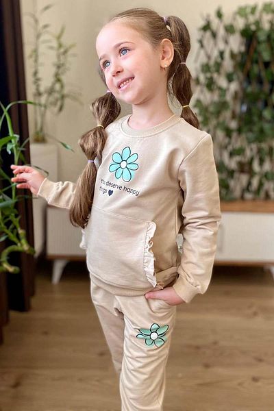 Riccotarz Daisy Printed Girls' Sweat Bottom Tracksuit - Σετ φούτερ σε κρεμ χρώμα με λεπτομέρεια τσέπης με βολάν