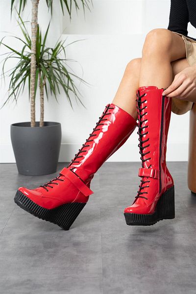 Modanizm Anna Wedge Red Heeled Patent Leather Boots
