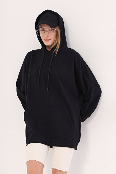 armonika Women's Black Hooded Sweatshirt with Pocket Arm-21K024027