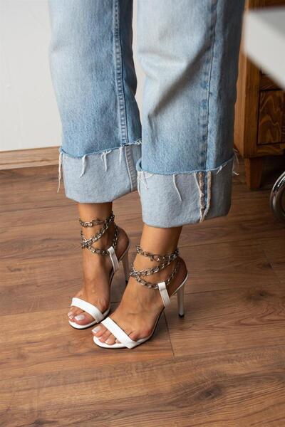Modanizm Daisy Zincirli Beyaz Topuklu Ayakkabı