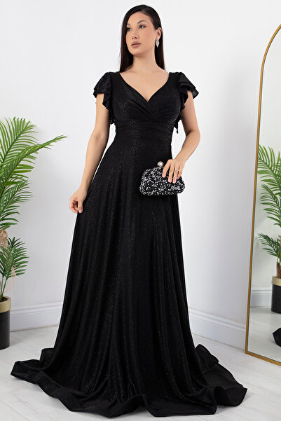 PULLIMM Kol Volanlı Simli Abiye Elbise 39925