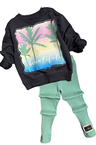 Riccotarz Κοριτσίστικο Σετ Πουλόβερ με ριμπ πράσινο κολάν με στάμπα με παλάμη και κείμενο