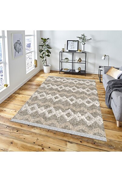 DECOSER HALI Kilim Yıkanabilir Krem Etnik Desenli Kaymaz Taban Salon Koridor ...