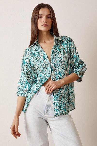 YOUR NAME Cămașă de damă din satin cu decolteu în V cu model verde