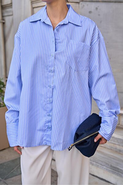 YOUR NAME Жіноча сорочка оверсайз з синьою смужкою з попліну