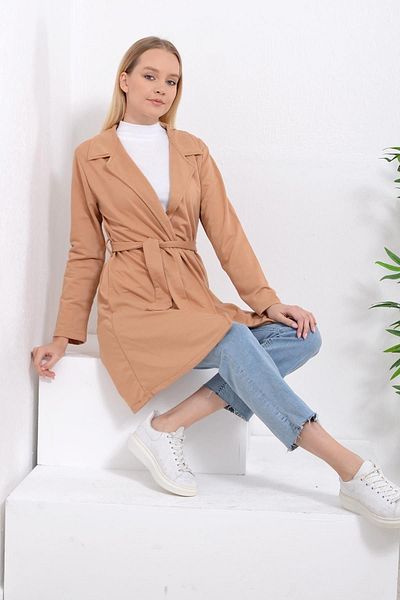 PİNKMARK Women's Two Thread Knitted Buttonless Belted Camel Trench Coat Jacket