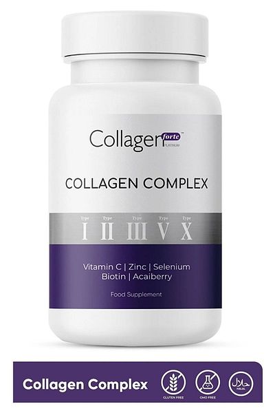 Collagen Forte Platinum 5 Types Collagen Complex Type 1,2,3,5 and Type 10 Biotin, Zinc, Selenium, Vitamin C & Açai, 90 Tablets
