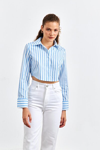 YOUR NAME Sa jastučićima za ramena Skraćeni kroj Plava Prugasto Ženska košulja