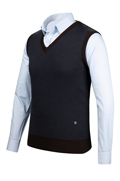 Çizgi Triko Чоловічий светр з V-подібним вирізом та смужками - кольоровий візерунок, зимовий трикотаж, класичний крій - 5014H