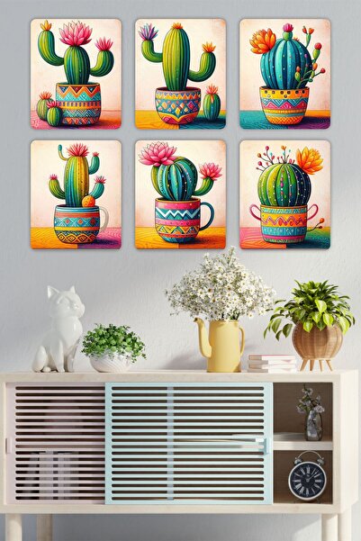 UNT Renkli Kaktüs Set Duvar Dekoru Süsü, Ahşap Dekoratif 6 Parça Tablo