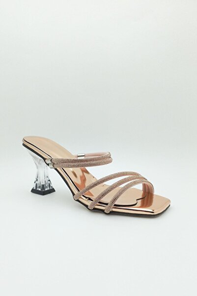 DOSA SHOES Ροζ χρυσό πέτρινο διάφανο βραδινό φόρεμα με τακούνι σανδάλια παντό...