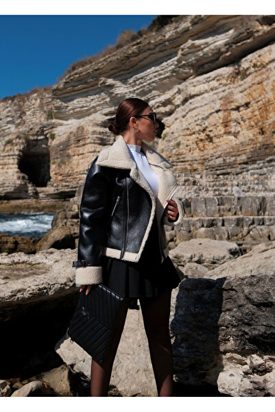 Sindimoda Parlak İçi Peluş Kaplama Deri Crop Kaban