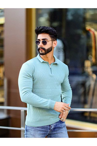 DEFES Men's Slim Fit Winter Knitwear Sweater - Half Zip, Relaxed Sportswear